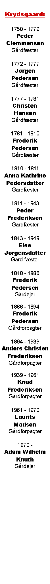 Tekstboks: Krydsgaard:1750 - 1772Peder ClemmensenGrdfster 1772 - 1777Jrgen PedersenGrdfster 1777 - 1781Christen HansenGrdfster 1781 - 1810Frederik PedersenGrdfster1810 - 1811Anna KathrinePedersdatterGrdfster1811 - 1843Peder FrederiksenGrdfster1843 - 1848Else JrgensdatterGrd fster1848 - 1886Frederik PedersenGrdejer1886 - 1894Frederik PedersenGrdforpagter 1894 - 1939Anders ChristenFrederiksenGrdforpagter1939 - 1961Knud FrederiksenGrdforpagter1961 - 1970Laurits MadsenGrdforpagter1970 - Adam WilhelmKnuthGrdejer   